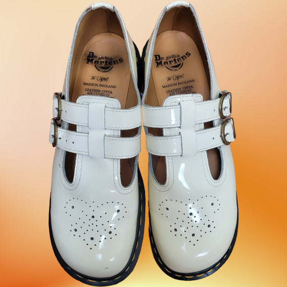 Dr. Martens Shoes - Vintage 90s Dr Marten's White Patent T-Bar Twin Strap Sandal Lug in Box Sz US 8